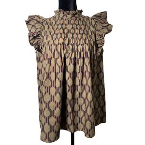 Oliphant Geometric Ruffle Sleeve Blouse - Brown and Purple